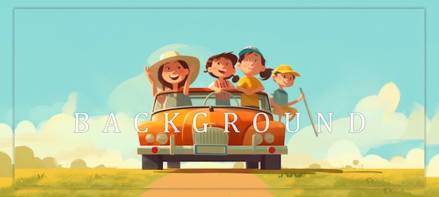 PSD family road trip cartoon illustration