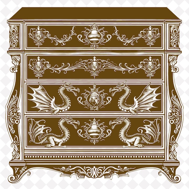 PSD fantasy chest of drawers folk art with dragon desi png outline frame on clean background collection