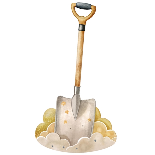 PSD farm shovel watercolor illustration for childrens clothing and prints isolated clipart