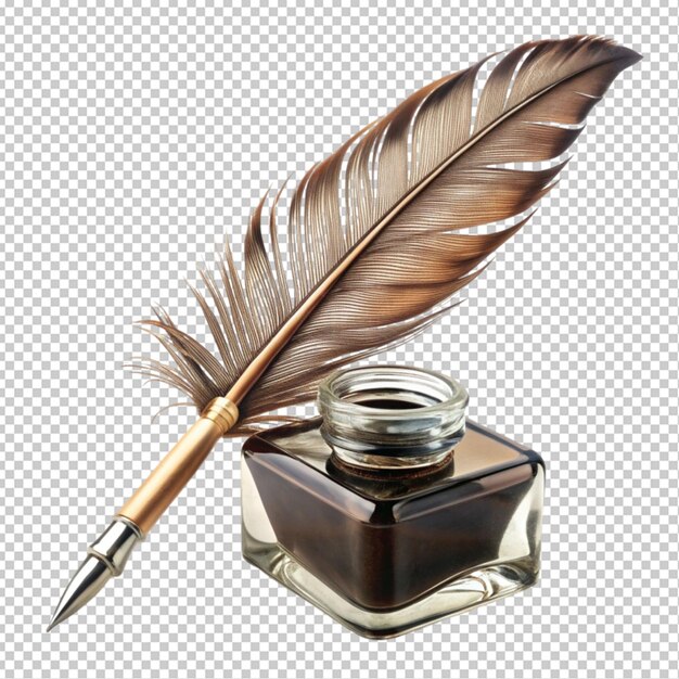 PSD feather quill pen and glass inkwell transparent background