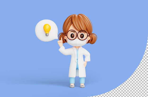 Female doctor standing and pointing fingers up to bubble light bulb having great idea 3d illustration cartoon character