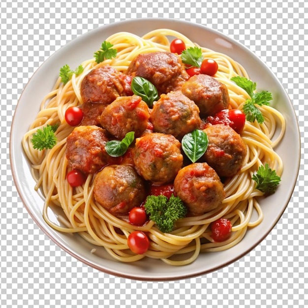 PSD festive and colorful plate of spaghetti and meatball on transparent background