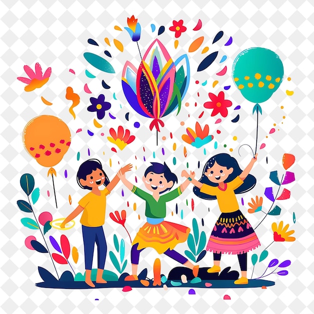 PSD festiwal holi z postaciami bawiącymi się żywymi kolorami de png festival 2d flat art illustrations