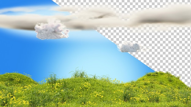 Field of green grass with flowers and clouds Landscape with hill Meadow with dandelions 3d render