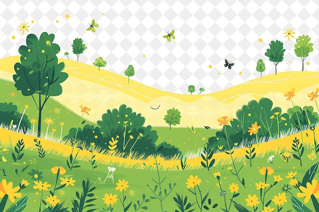 a field with a field of flowers and butterflies