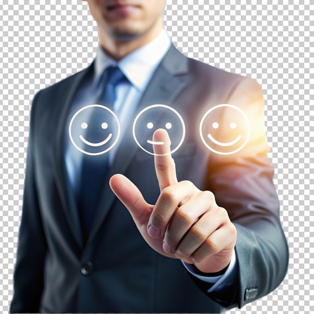 PSD finger of businessman touching and drawing face emoticon smile on service customer service concept