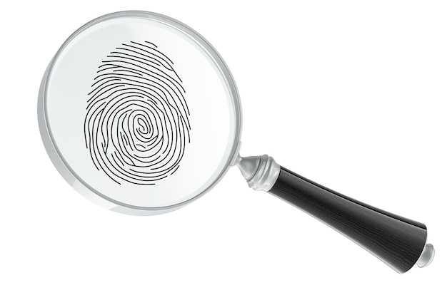 PSD fingerprint under loupe magnifying glass 3d rendering isolated on transparent background