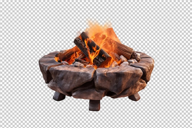 PSD fire pit made of concrete burning fire on woods cutout png isolated on transparent background