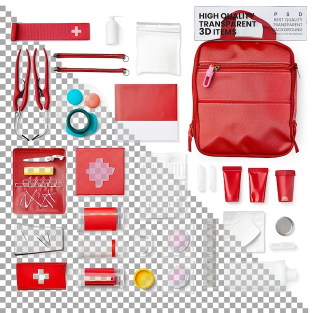 PSD first aid kit collection of medical supplies for emergencies on transparent background