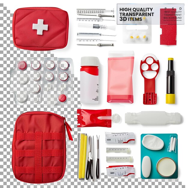 PSD first aid kit collection of medical supplies for emergencies on transparent background