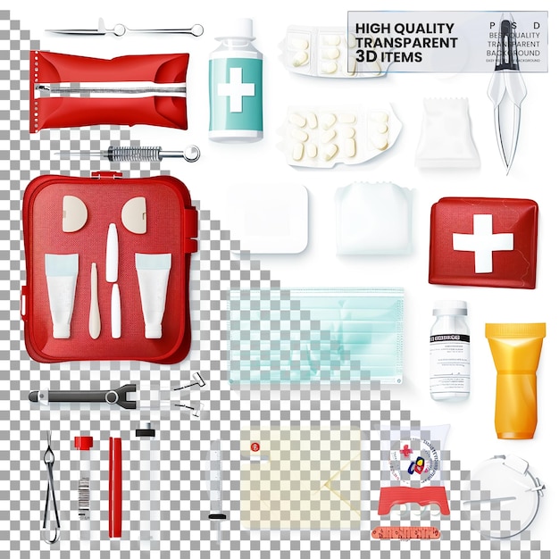 PSD first aid kit collection of medical supplies for emergencies on transparent background