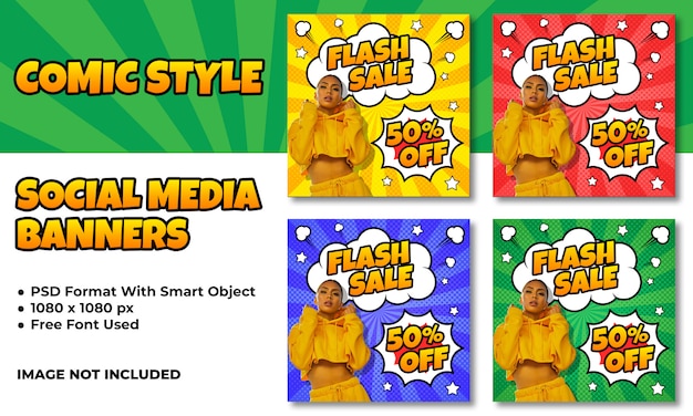 Flash sale banners for social media in comic style