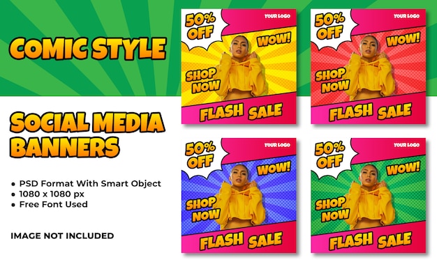 Flash sale banners for social media in comic style