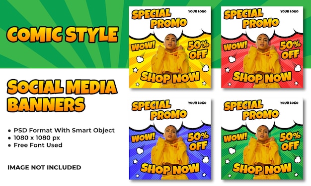 Flash sale banners for social media in comic style