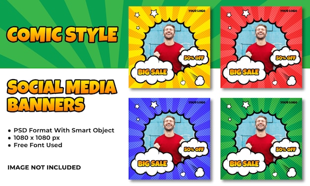 Flash sale banners for social media in comic style