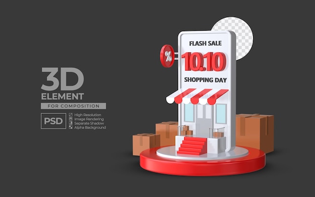 PSD flash sale shopping day 10 10 with smartphone podium 3d render element for composition premium psd