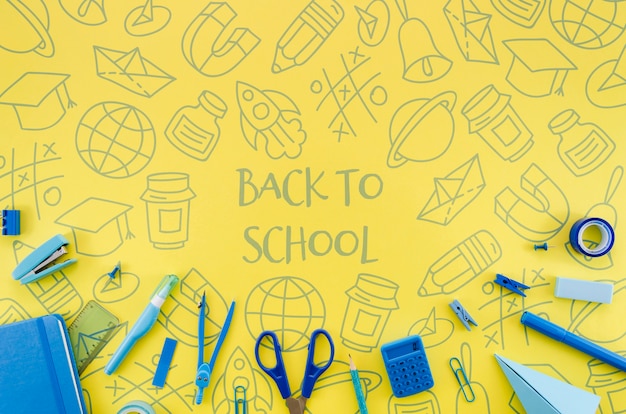 Flat lay back to school with yellow background