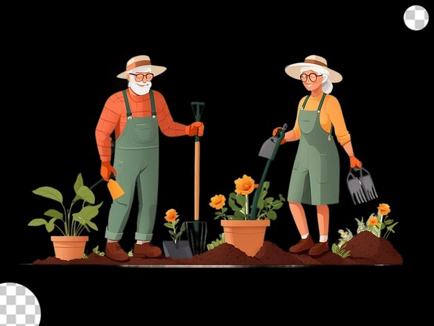 PSD flat senior man and woman gardening png transparent