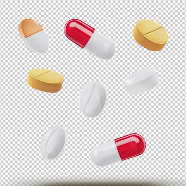 PSD floating pills isolated on transparent background