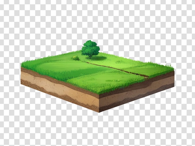 PSD floating slice of land with green grass surface and soil section flying land grass texture isolated