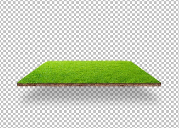 PSD floating slice of land with green grass surface and soil section flying land green grass surface