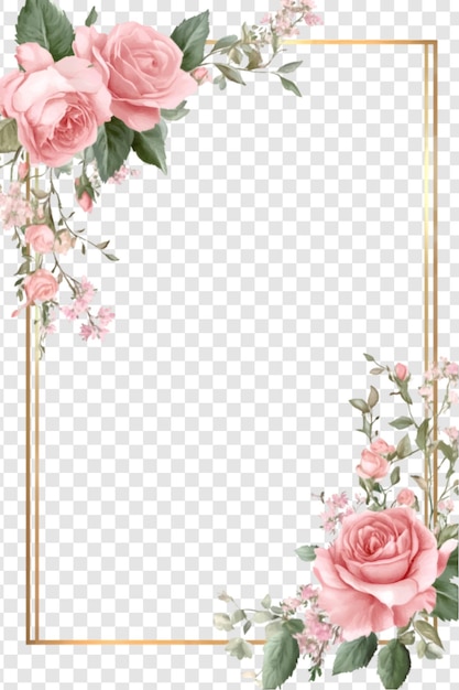 PSD floral frame with pink roses and gold border on a transparent background