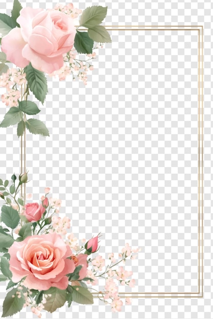 PSD floral frame with pink roses and gold border on a transparent background