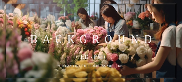 PSD flower shop workers arranging bouquets