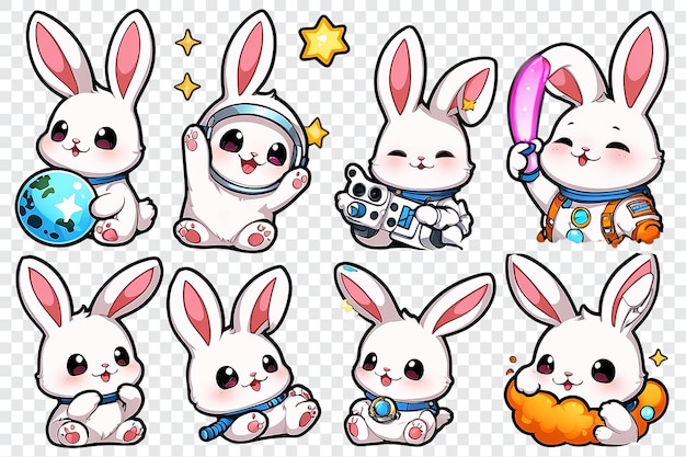 PSD four cute cartoon rabbits are wearing space suits and holding cell phones