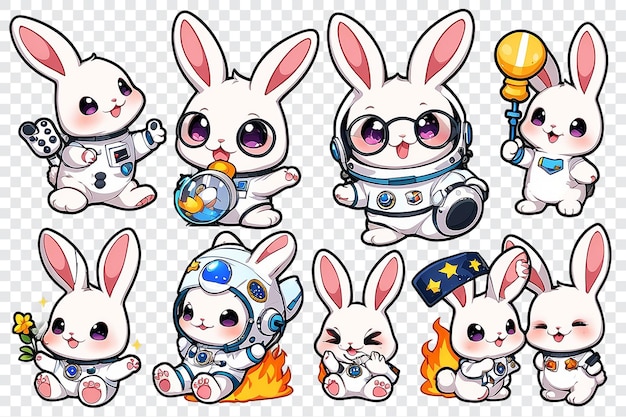 PSD four cute cartoon rabbits are wearing space suits and holding cell phones