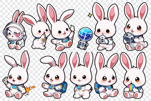 PSD four cute cartoon rabbits are wearing space suits and holding cell phones