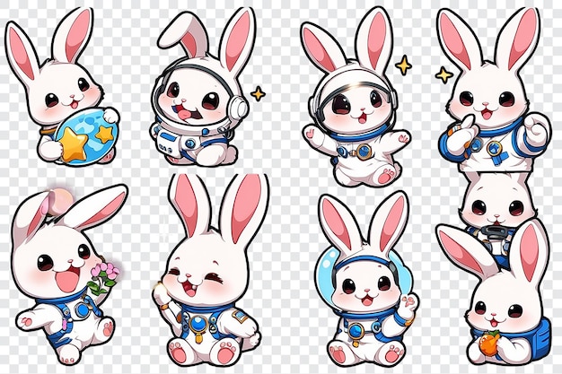 PSD four cute cartoon rabbits are wearing space suits and holding cell phones