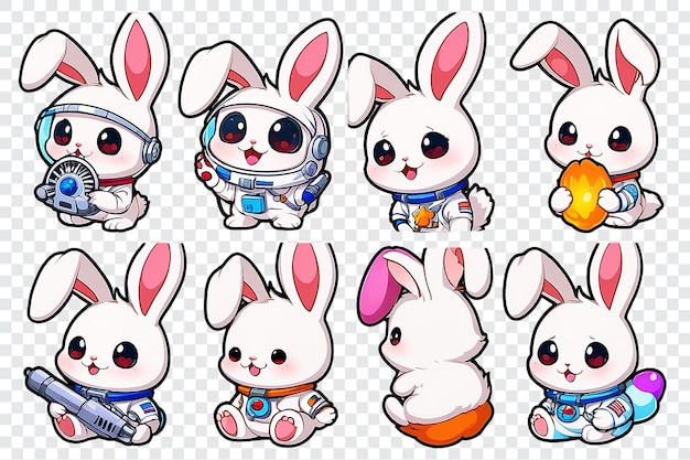 PSD four cute cartoon rabbits are wearing space suits and holding cell phones