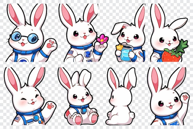 PSD four cute cartoon rabbits are wearing space suits and holding cell phones