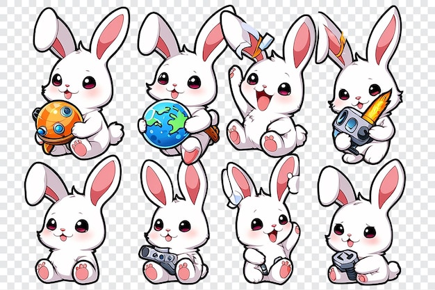 PSD four cute cartoon rabbits are wearing space suits and holding cell phones