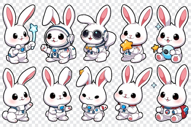 PSD four cute cartoon rabbits are wearing space suits and holding cell phones