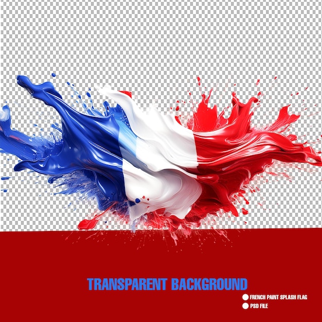 PSD france flag paint splash blue red white liquid explosion on transparent background