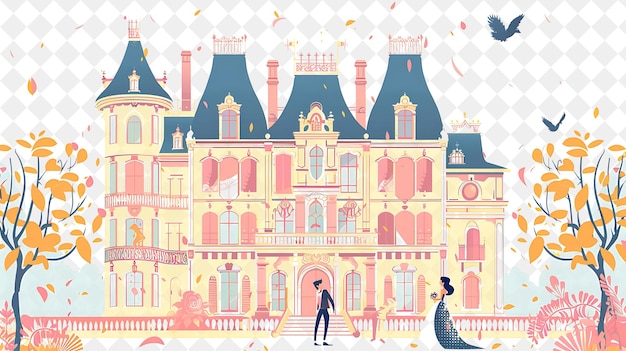 PSD french chateau with belle and the beast having a romantic we people life style flat illustration