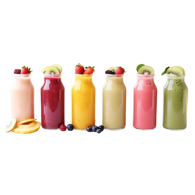 PSD fresh fruit and vegetable smoothies served in glass bottles with pieces of fruit as decoration