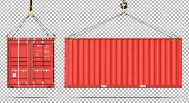 Front and side view of freight shipping cargo container hanging on crane hook