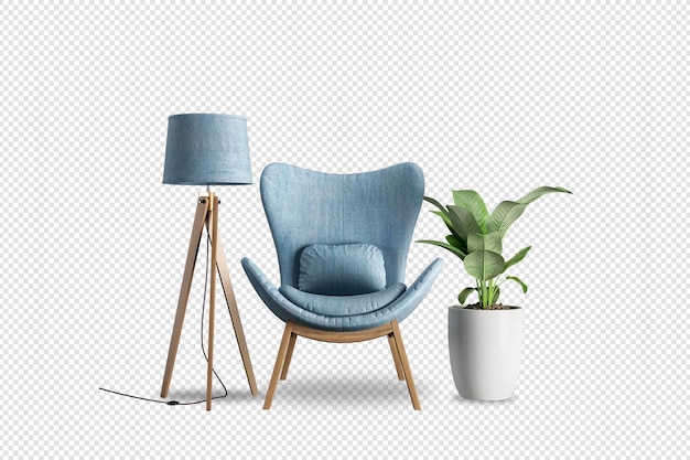 Front view of armchair and plant in 3d rendering