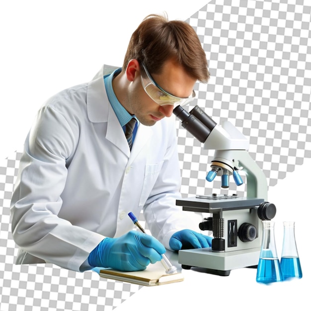 PSD front view middleaged scientist in white medical suit using microscope