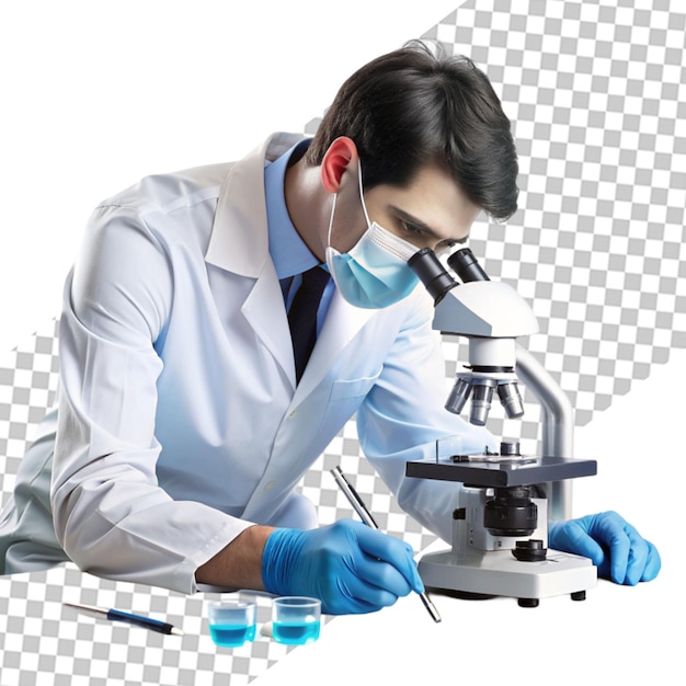 PSD front view middleaged scientist in white medical suit using microscope