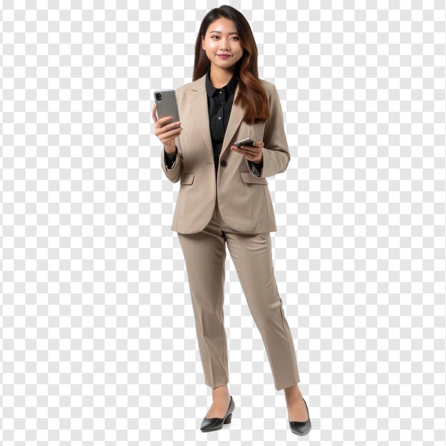 PSD full body businesswoman holding smart phone on transparency background psd