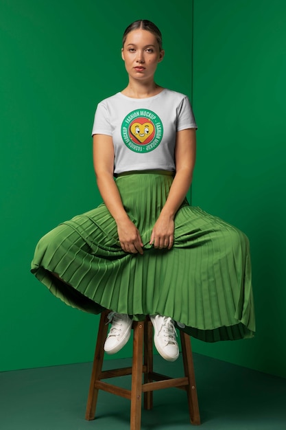 Full shot woman posing on chair