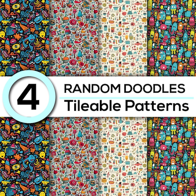 PSD fun random doodles 4 seamless tileable patterns for playful and creative designs