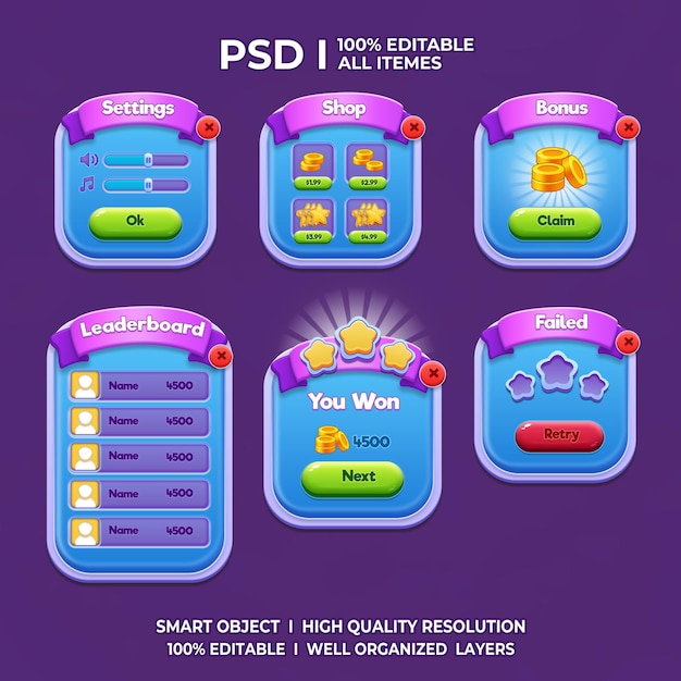 PSD game ui kit 2d game ui user interface casual game ui ui kit ui art cartoon game ui cool ui