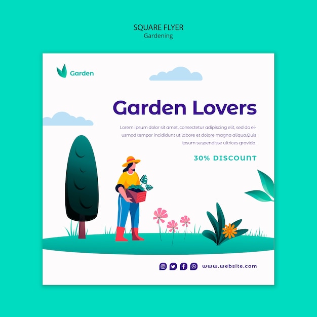 Gardening square flyer design template