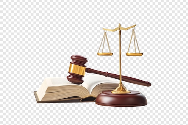 PSD gavel scales of justice and law book isolated on a transparent background