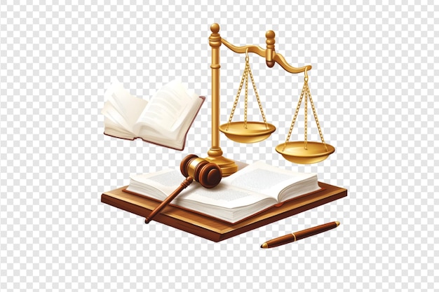 PSD gavel scales of justice and law book isolated on a transparent background